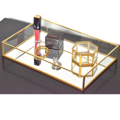 hotel hot sale home decorative cosmetic gold metal glass mirrored rectangle vanity tray