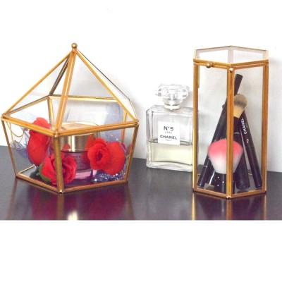 hand-made vintage style and glass collection metal beauty organizer storage hexagon boxes