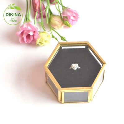 multiple sizes wood or glass brass hexagon square rectangle triangle heart ball shape display wedding hinged ring box jewelry